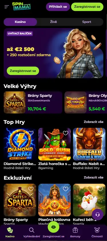 Aktuální domovská stránka Spinmama otevřená v mobilním prohlížeči