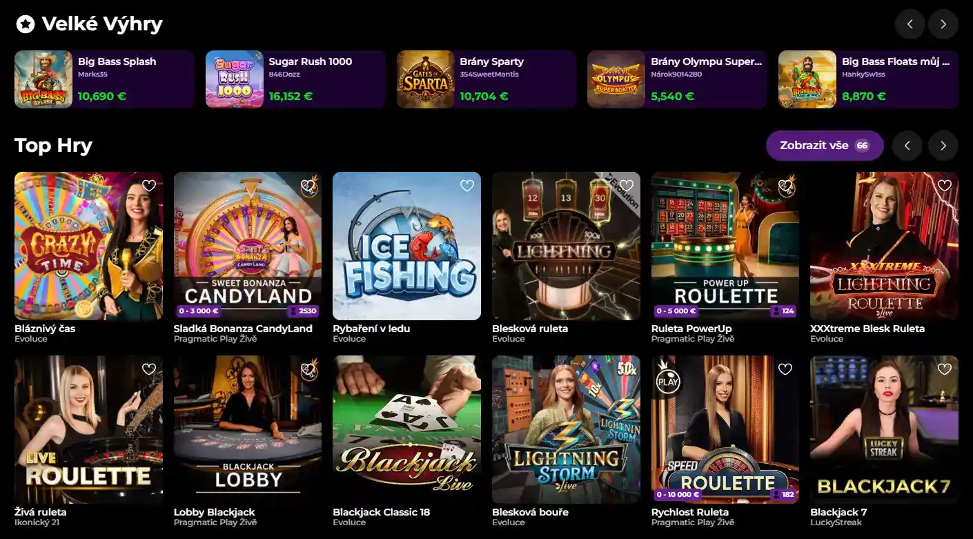 Aktuální live-casino lobby Spinmama se skutečnými kartami živých her